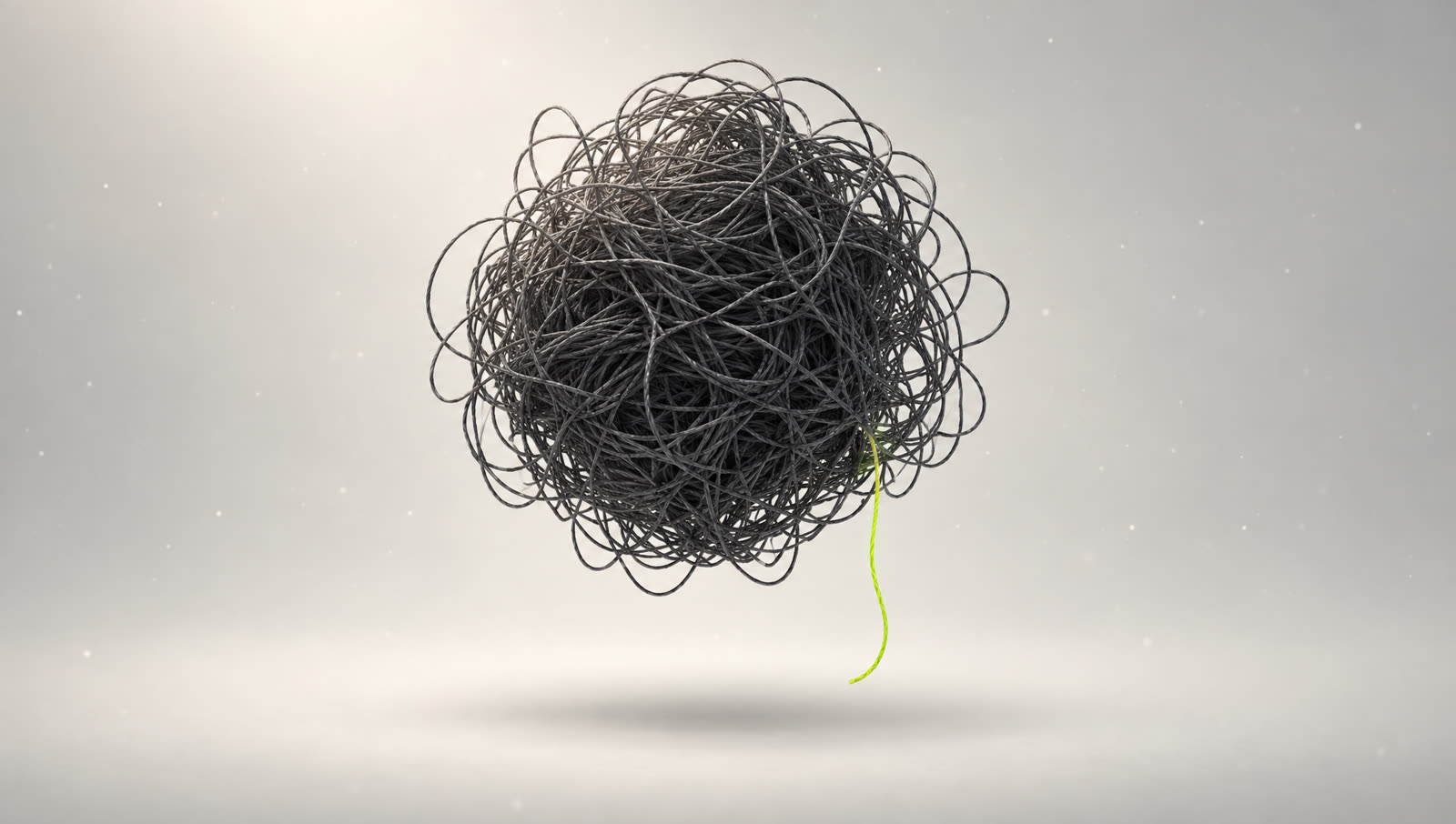 The knot of dark thread with one lime thread loose