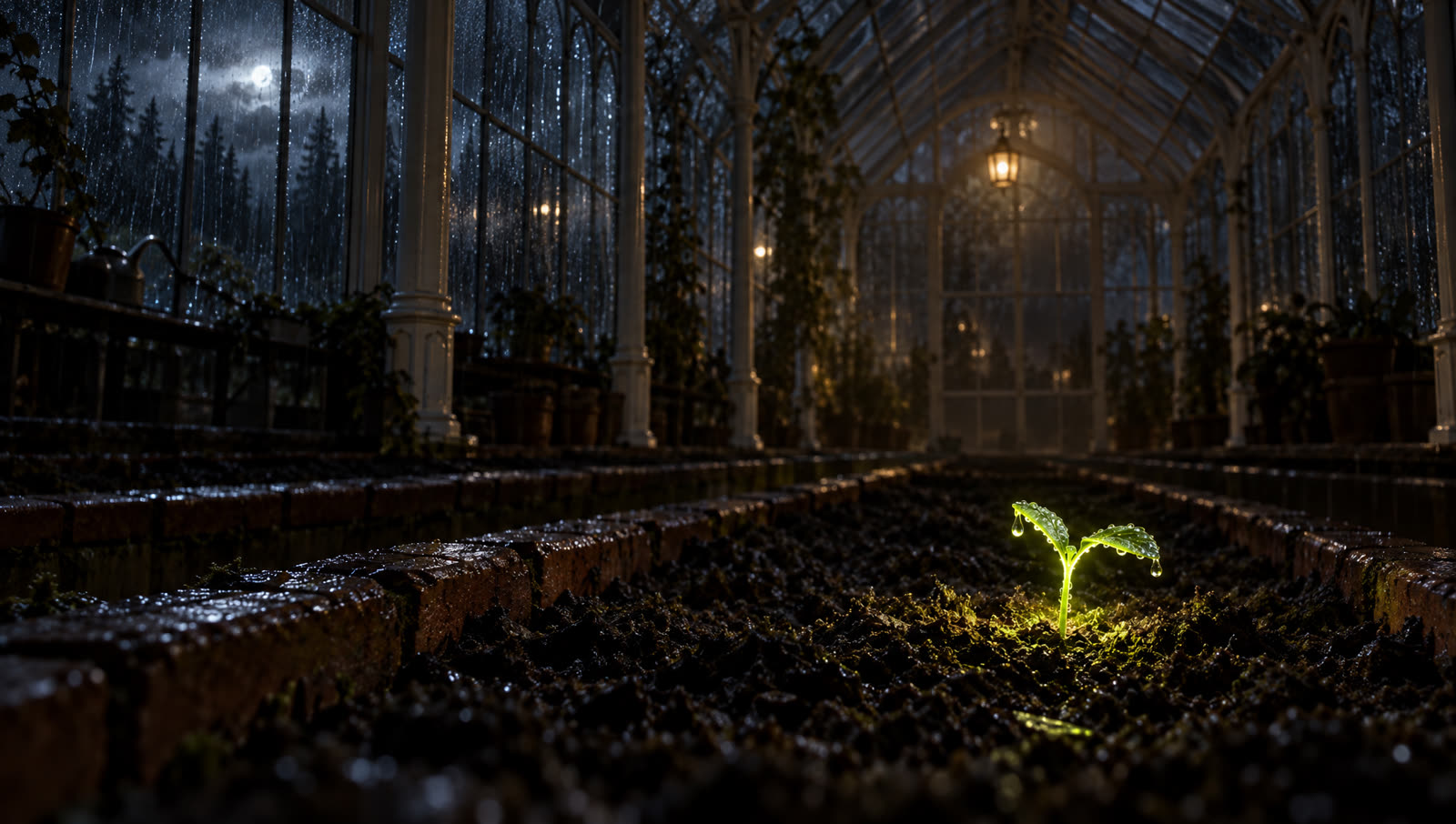 The seedling newly planted inside a glasshouse at night