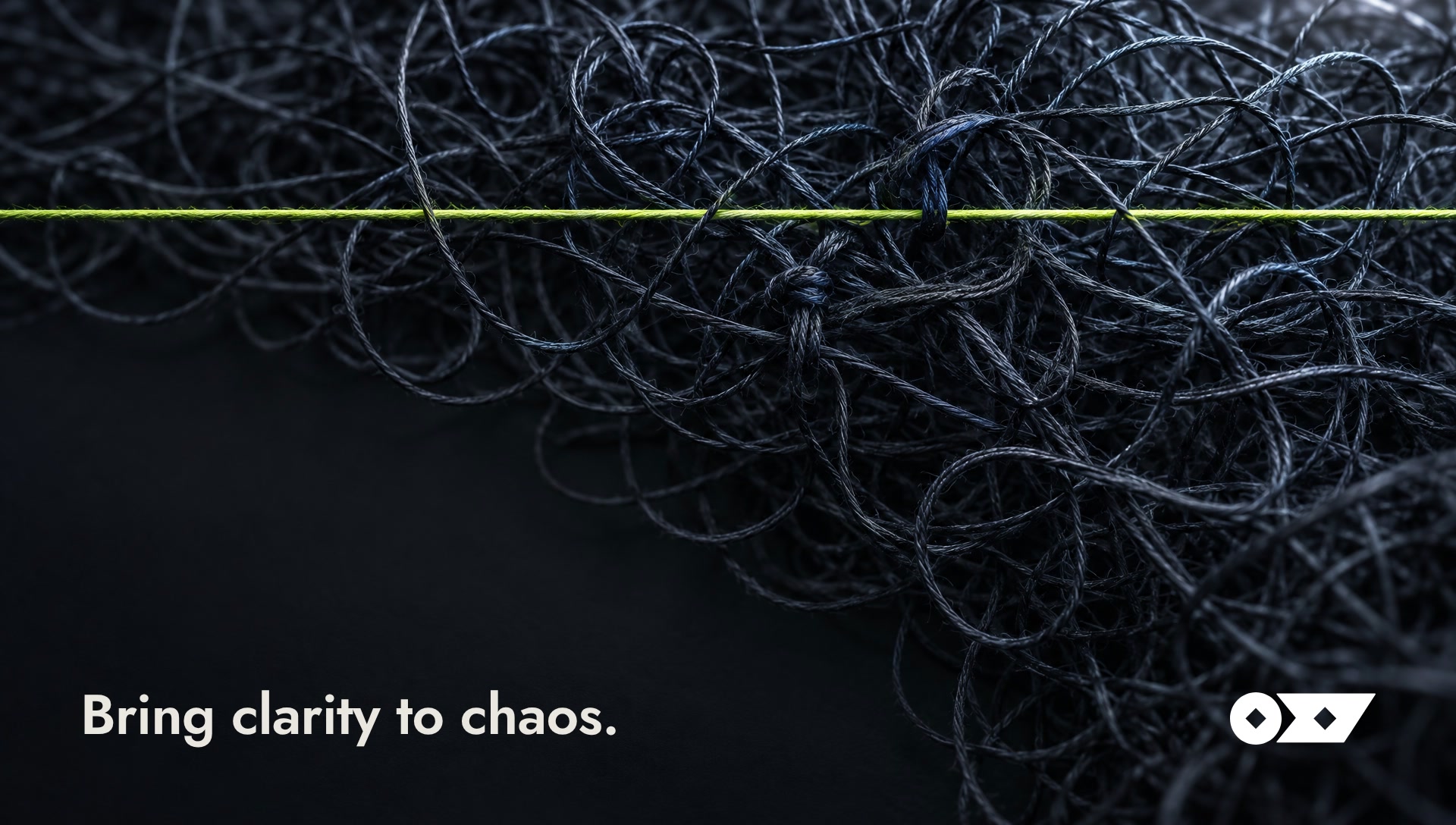 Key art: one straight lime thread crossing a dark tangle