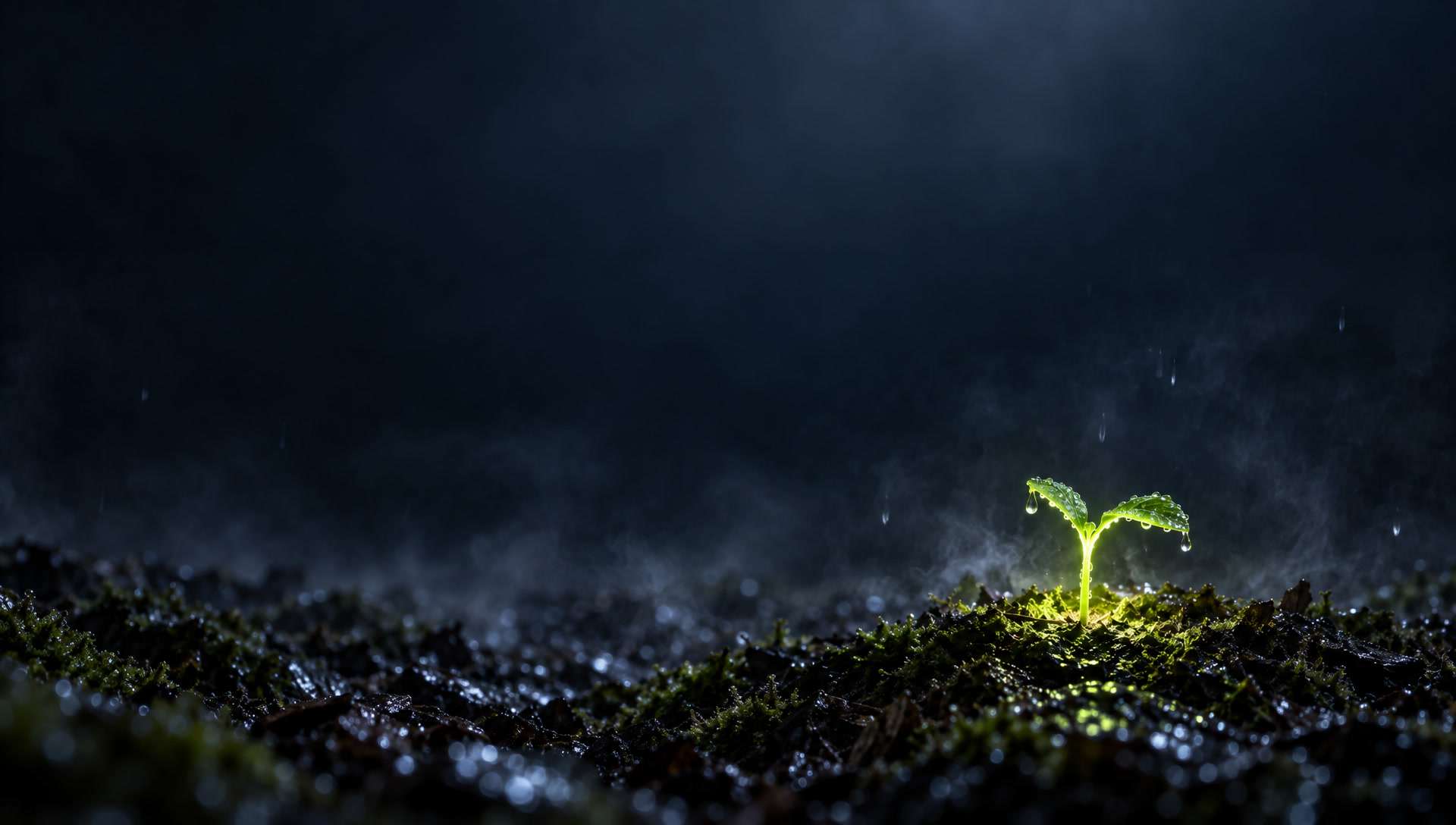 The seedling glowing against a vast dark sky